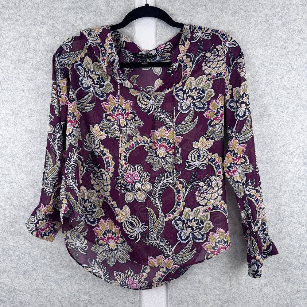 Banana Republic Blouse Womens S Petite Purple Floral Sheer Long Sleeve Tunic Top